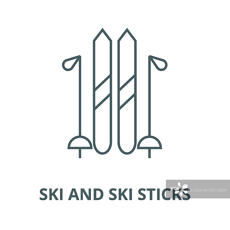 滑雪杖和滑雪杖矢量线图标、线形概念、轮廓符号、符号图片素材