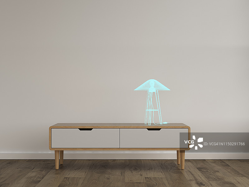 现代房间餐具柜上的台灯的3D渲染，全息图图片素材
