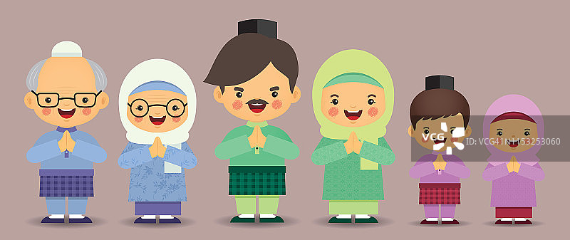 卡通穆斯林家庭-父亲，母亲，祖父，祖母和孩子。图片素材