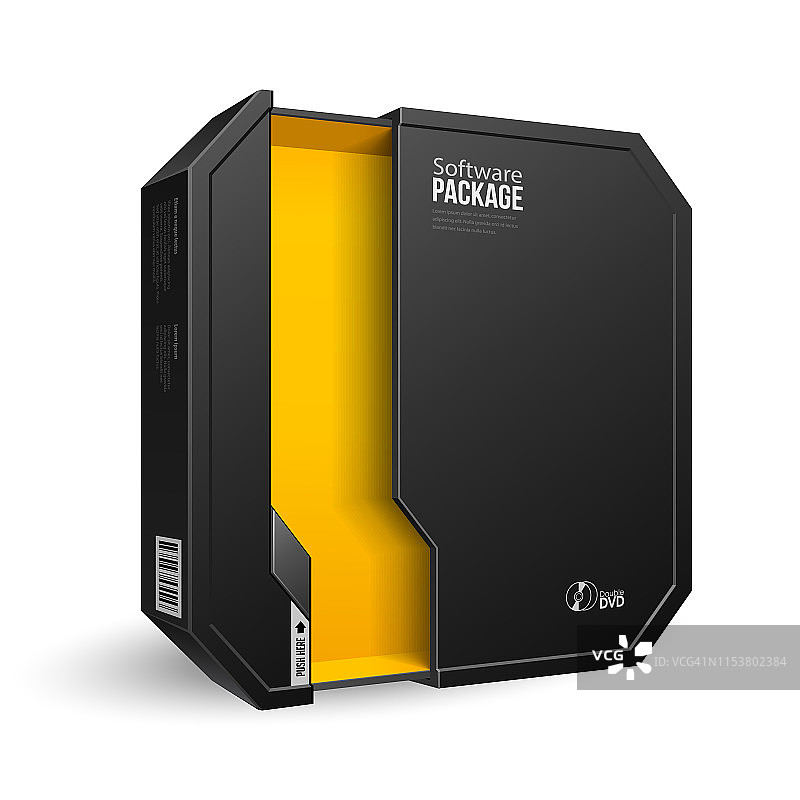打开八角现代黑色软件包盒，黄色，橙色里面。模拟,模板。插图孤立的白色背景。产品广告。向量EPS10图片素材