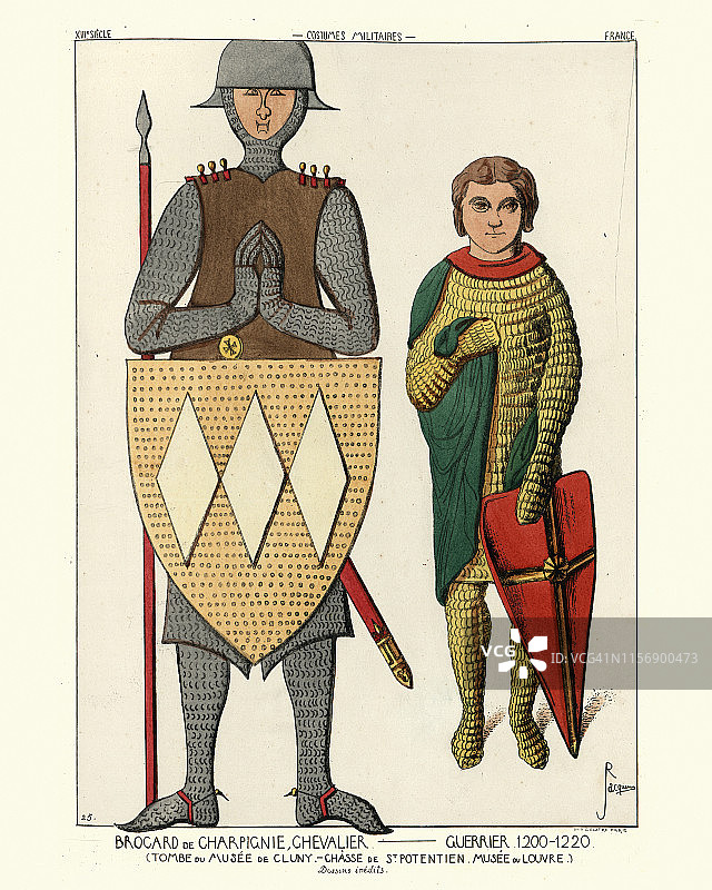 布罗卡·德·夏比尼，中世纪骑士，矛，盾，链甲，13世纪图片素材