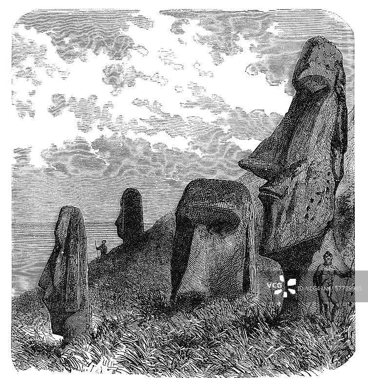 莫艾和拉诺·拉库复活节岛插图1887图片素材