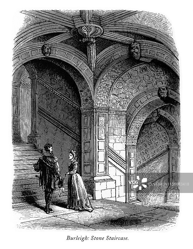 英国维多利亚版画，伯利大厅，石头楼梯，莱斯特郡，英格兰，1875年图片素材