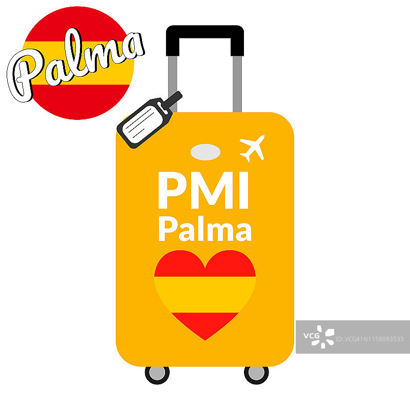 带有机场站点代码IATA或位置标识符和目的地城市名称Palma, PMI的行李。去西班牙旅游，欧洲概念。行李上有西班牙的心形国旗。图片素材