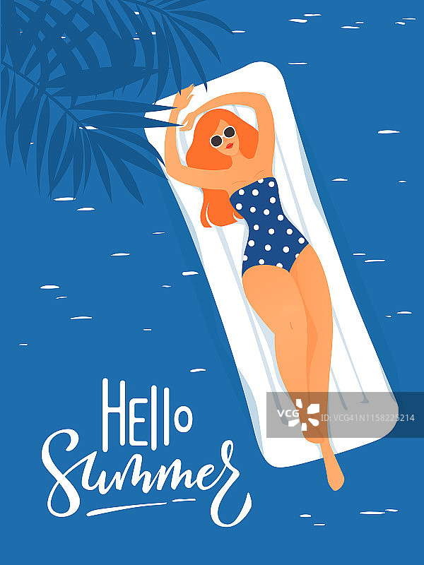 矢量hello夏季海报与可爱的女士在海里游泳图片素材