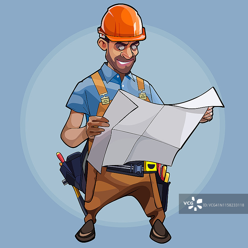 卡通男性建筑工程师在蓝色背景下检查蓝图图片素材
