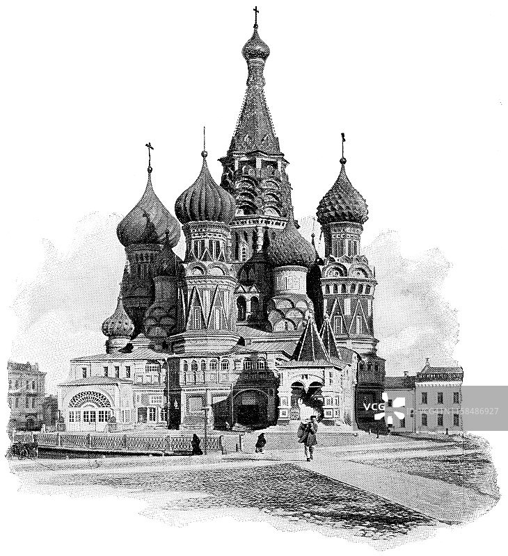 圣巴西尔大教堂在红场在莫斯科，俄罗斯-俄罗斯帝国19世纪图片素材