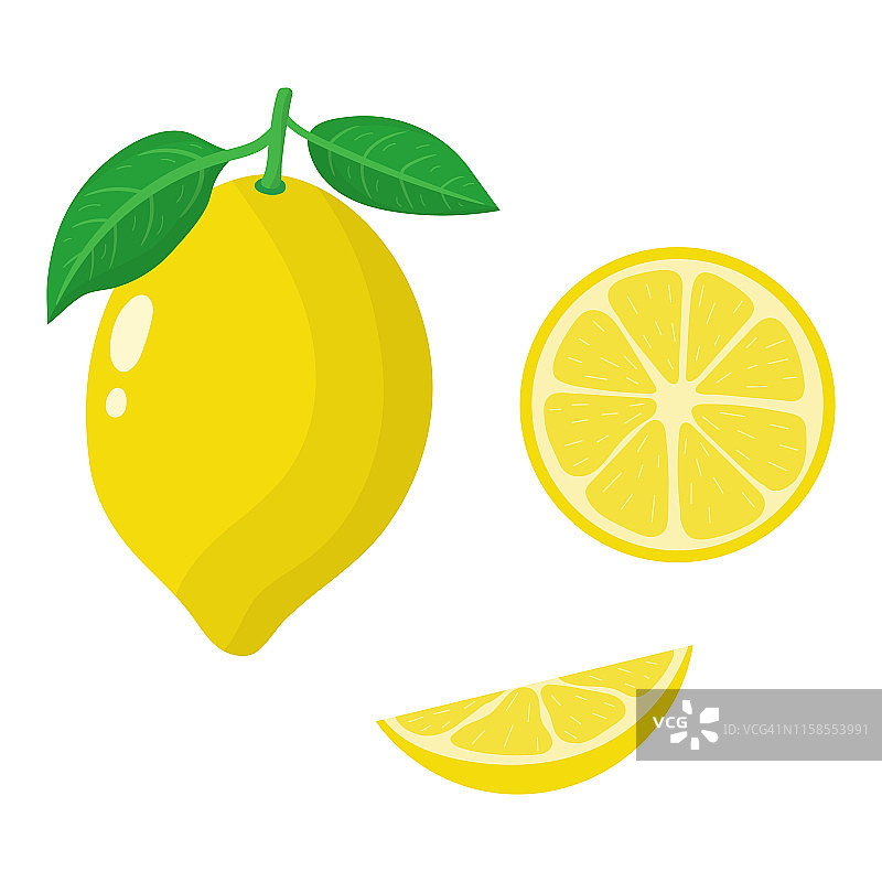 一组新鲜的柠檬，整个，一半和切片孤立在白色的背景。有机水果。卡通风格。矢量插图为任何设计。图片素材
