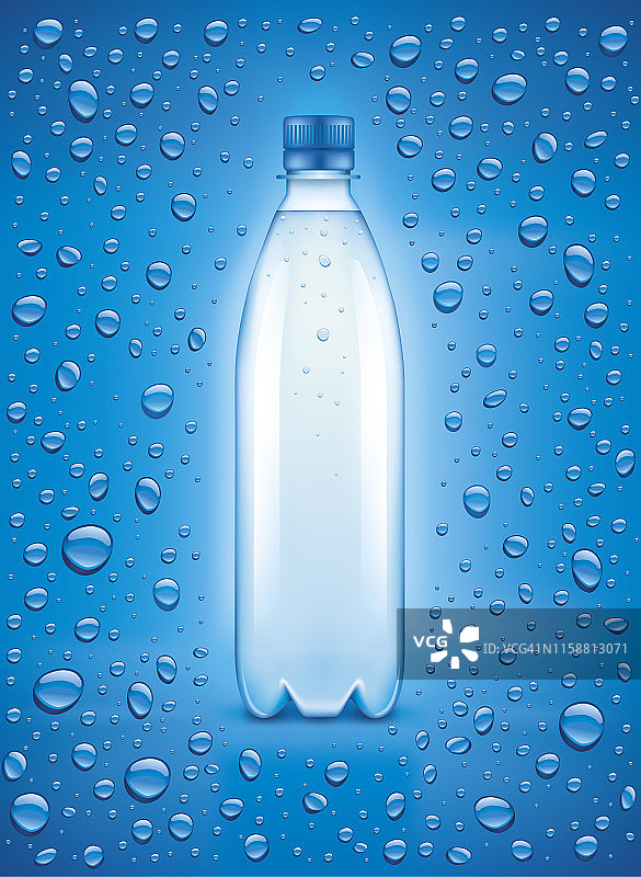 水瓶，蓝色背景，有许多水滴图片素材