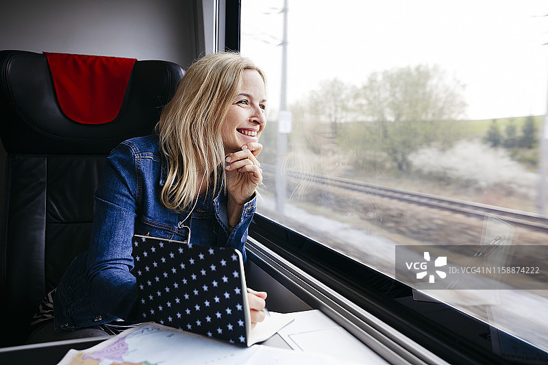 带着笔记本的金发女人在火车上往窗外看图片素材