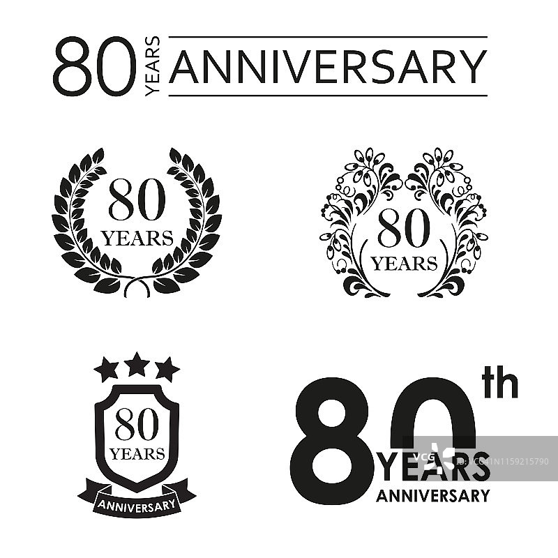 80周年纪念套装。周年纪念图标徽章或标签系列。80周年庆祝和祝贺设计元素。矢量插图。图片素材