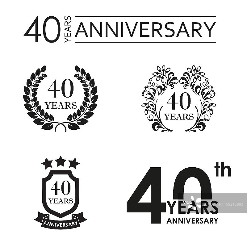 40周年纪念套装。周年纪念图标徽章或标签系列。40周年庆祝和祝贺设计元素。矢量插图。图片素材