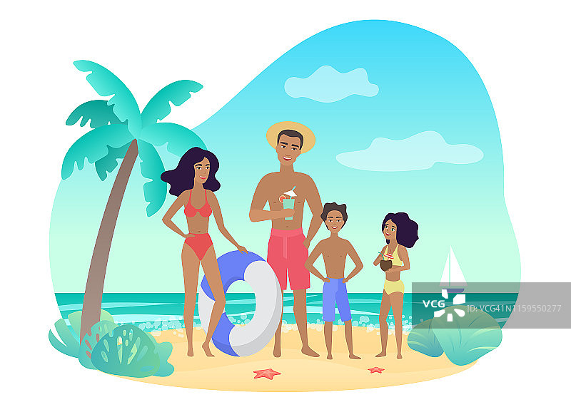 愉快的父母和孩子在泳衣站在海边棕榈，而放松在一起度假矢量插图。图片素材