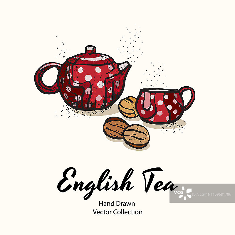 红色茶壶和茶杯与白色圆点和饼干坚果手绘矢量插图在旧风格图片素材