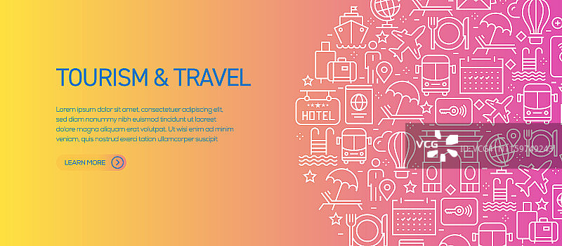 旅游和旅游横幅模板与线图标。现代矢量插图广告，标题，网站。图片素材