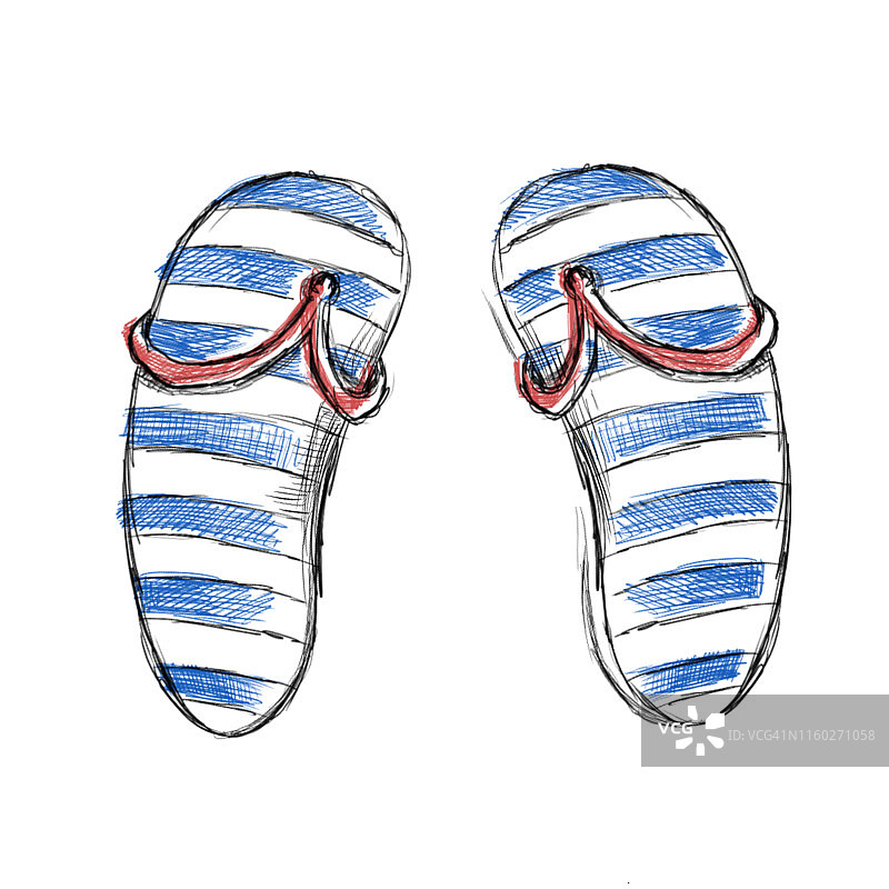 夏日海上涂鸦红蓝色沙滩拖鞋在白色的背景图片素材