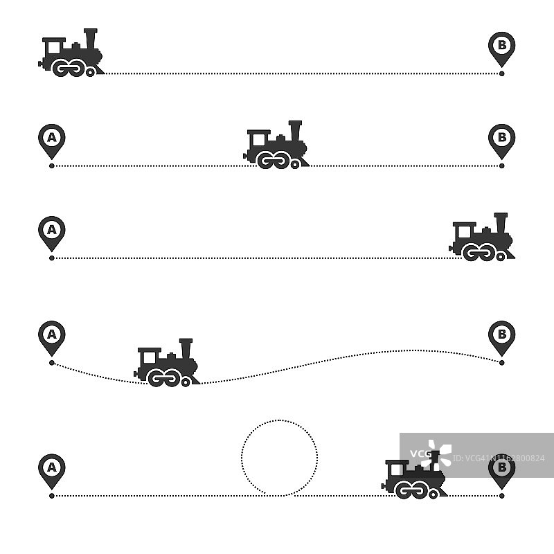 火车虚线路线设置在白色背景。向量图片素材