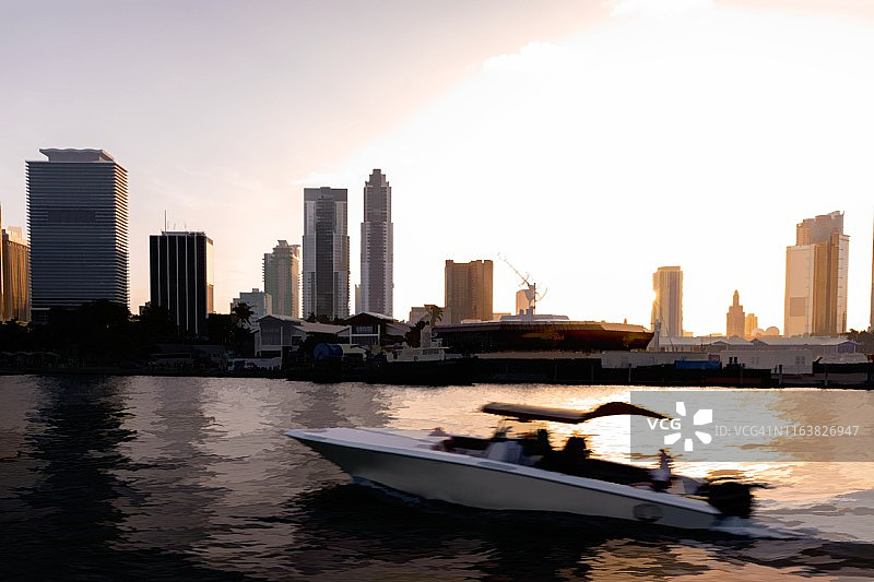 美国佛罗里达迈阿密，日落时城市天际线，数字插图图片素材