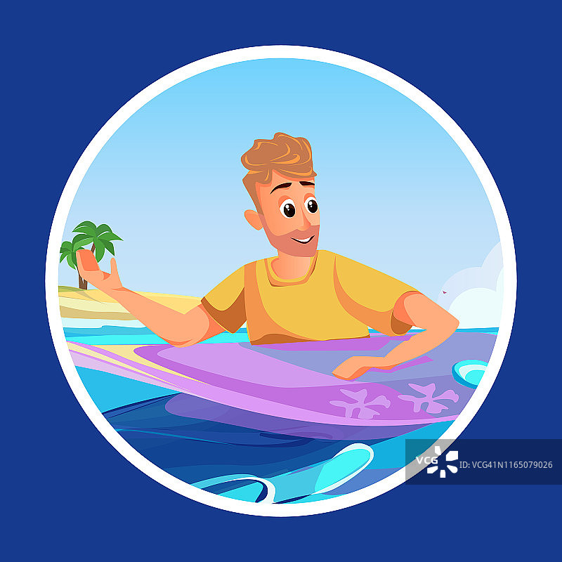 卡通人物在水中拿着漂浮的冲浪板图片素材