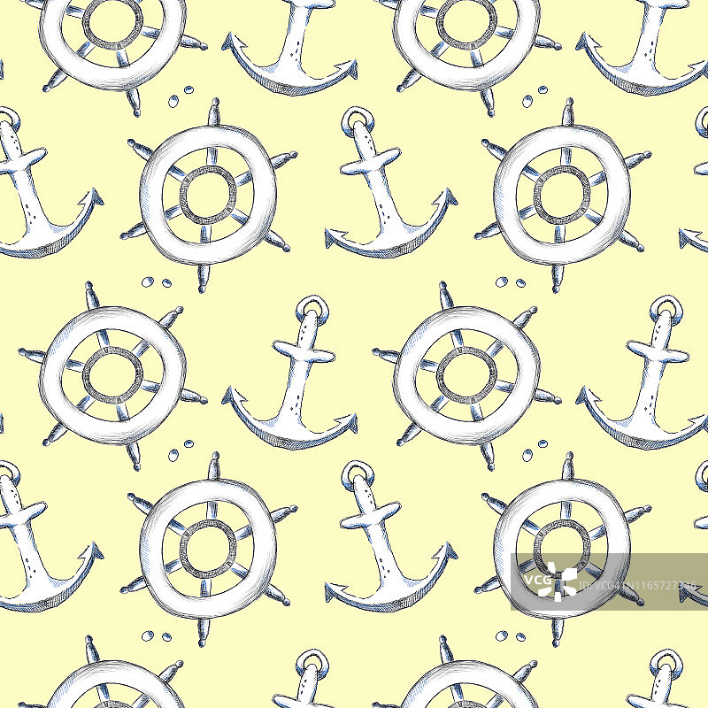 夏季海上涂鸦锚和手轮，无缝图案上的黄色背景图片素材