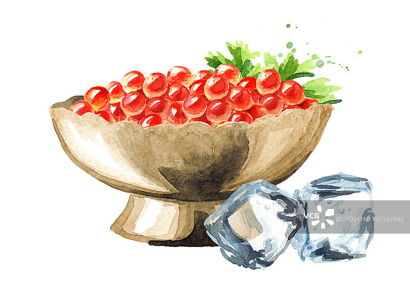 红色的鱼子酱在碗里。水彩手绘插图孤立的白色背景图片素材