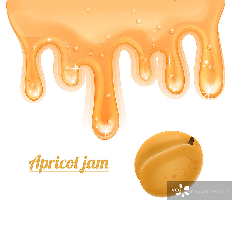 黄色杏酱流，现实的3D糖浆液体滴在白色背景，设计模板，矢量插图图片素材