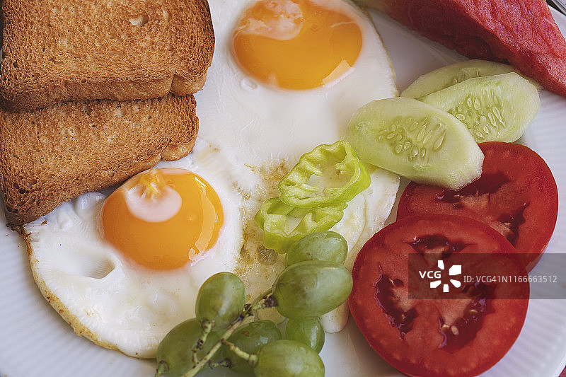 早餐-煎蛋，黄油和西红柿在白色盘子里。近距离图像图片素材