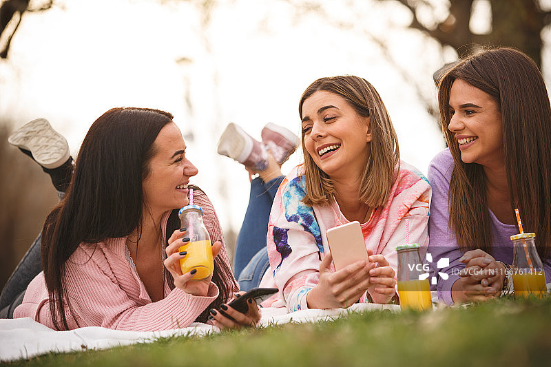 三个快乐的年轻女友在公园野餐的乐趣时间图片素材