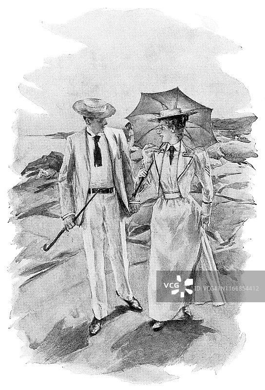 美国罗得岛纳拉甘西特的一对夫妇沿着纳拉甘西特湾海岸散步——19世纪图片素材