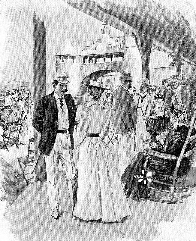 美国罗德岛纳拉甘西特的纳拉甘西特码头上的人们——19世纪图片素材