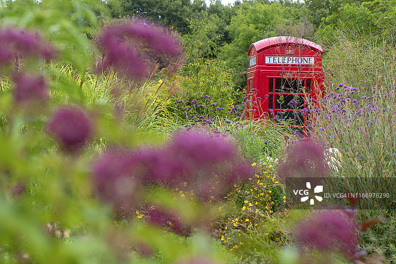 一个古老的英国红色的特写图像，电话亭被夏天的鲜花包围图片素材