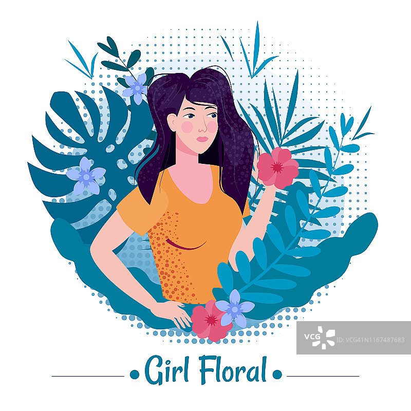 可爱的美丽女孩长着浪漫的头发在树叶和异国植物的花朵夏天穿着一件t恤。插图矢量孤立横幅海报明信片趋势平面卡通风格。图片素材