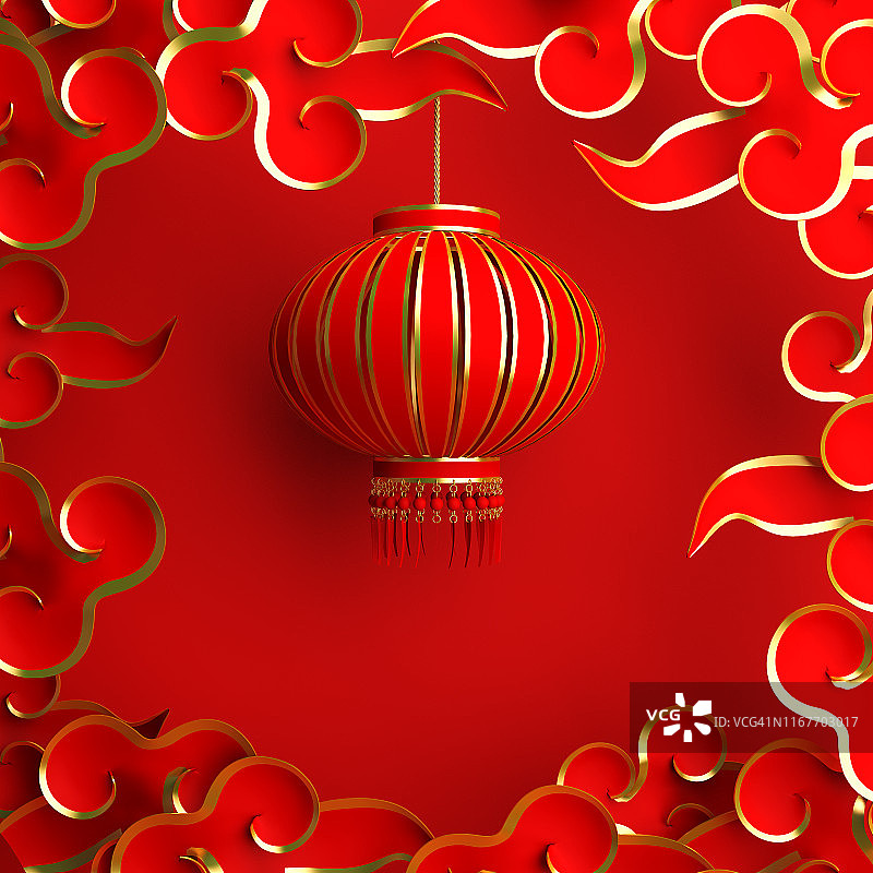 红色和金色的传统中国灯笼灯盏和剪纸云。设计创意中国节日庆典喜庆发菜。图片素材