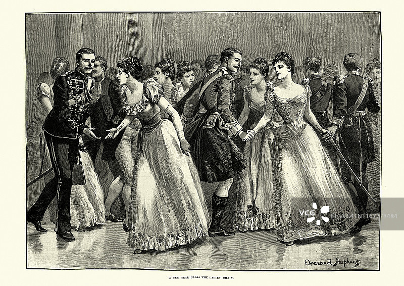 维多利亚新年舞会，女士舞蹈连锁店，19世纪图片素材