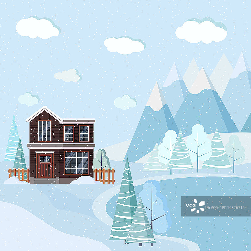 美丽的圣诞冬季自然景观背景有山，雪，树，云杉，湖，两层楼的房子图片素材