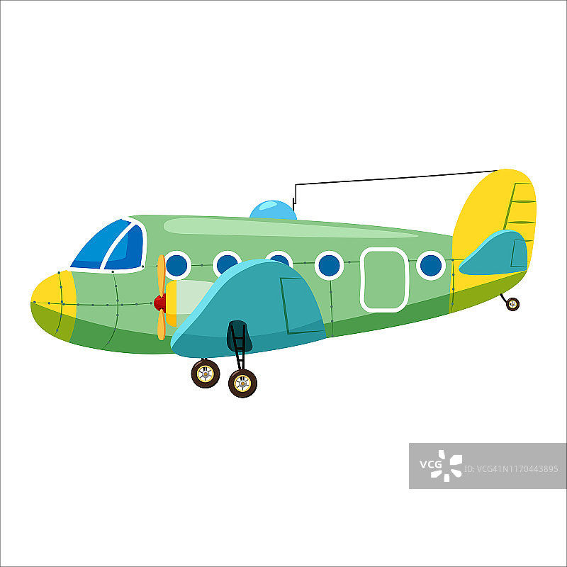 老式飞机货运单翼机卡通复古绿色。矢量孤立卡通风格图片素材