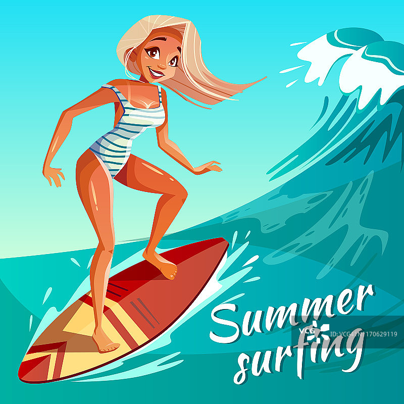 夏季冲浪女孩在波浪矢量插图图片素材