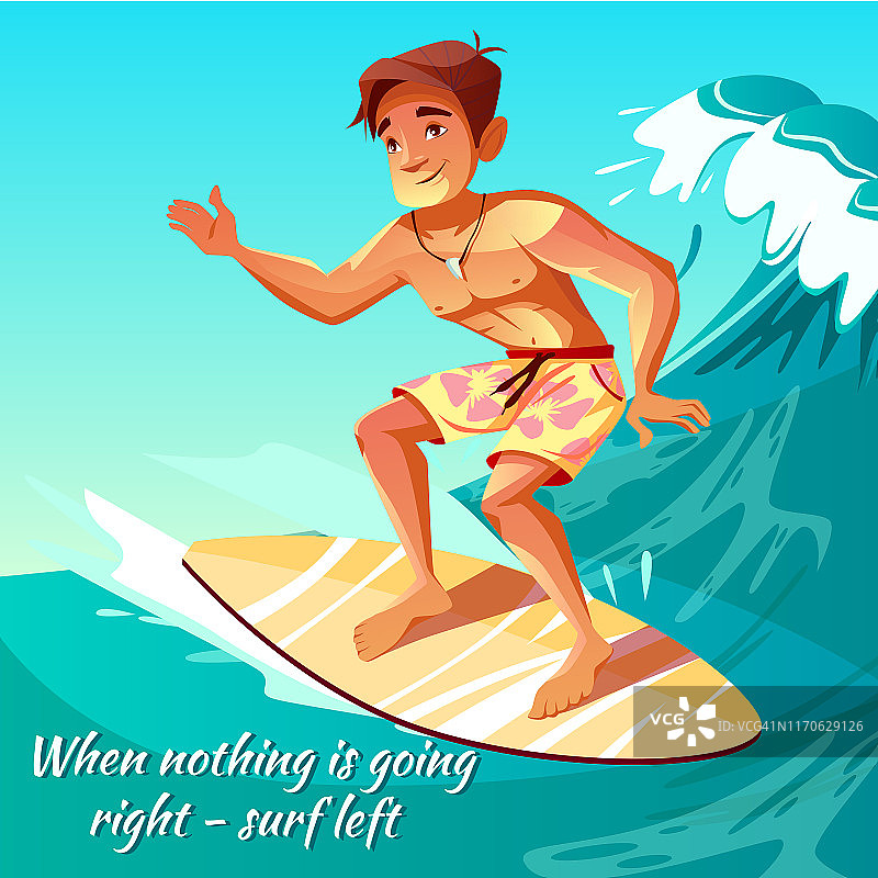 夏天冲浪男孩在波浪矢量插图图片素材