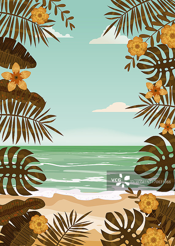 海滩的棕榈树。矢量插图。模板横幅海报旅游旅行假期温暖的国家海滨海洋海浪海岸炎热的太阳假日放松夏天棕榈树异国情调的花卉。向量孤立图片素材