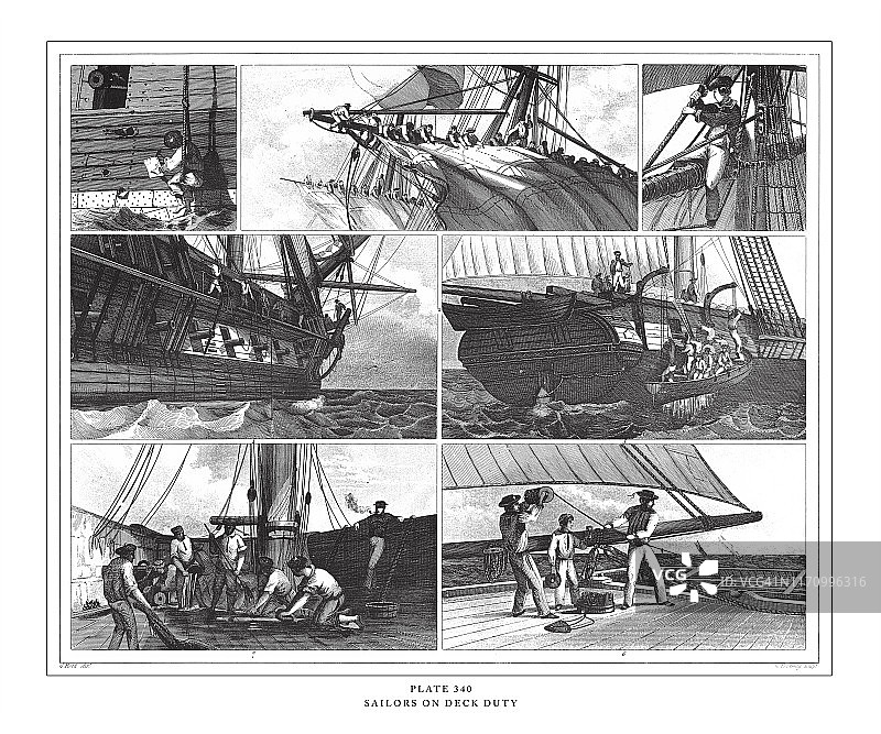 水手在甲板上值班雕刻古董插图，出版1851年图片素材