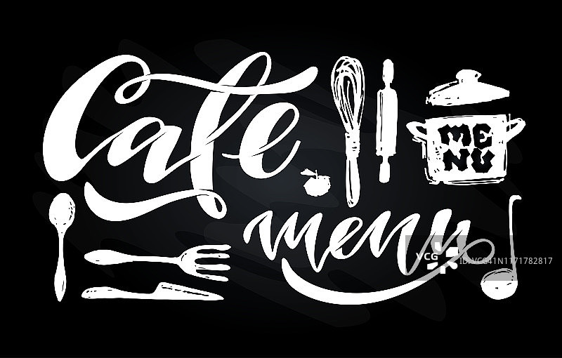 可爱的手绘涂鸦厨房字母标志艺术-咖啡馆，菜单，甜点。模板海报横幅艺术风格图片素材
