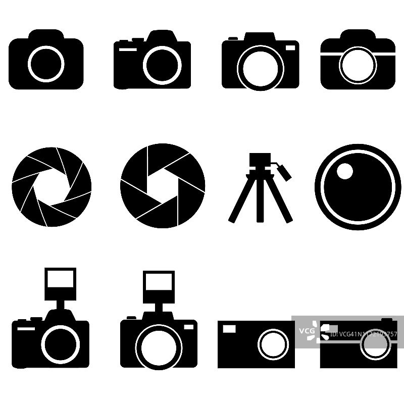 相机快门，镜头和照片相机图标设置为孤立的白色背景图片素材
