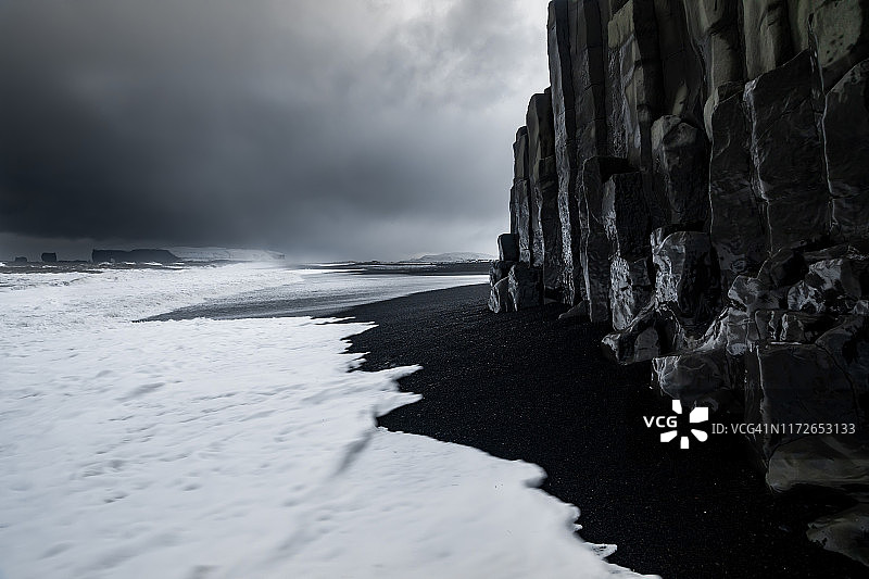 冬季，冰岛维克黑海滩Reynisfjara上的风暴浪图片素材