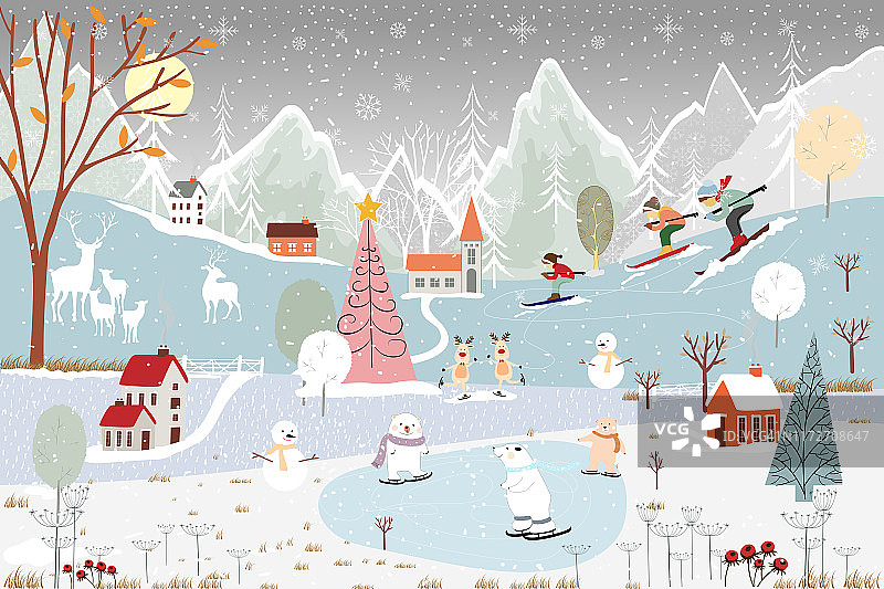 插画家的冬季景观，向量的冬季仙境在乡村覆盖雪，北极熊在冬季公园溜冰，家庭滑雪在山上图片素材
