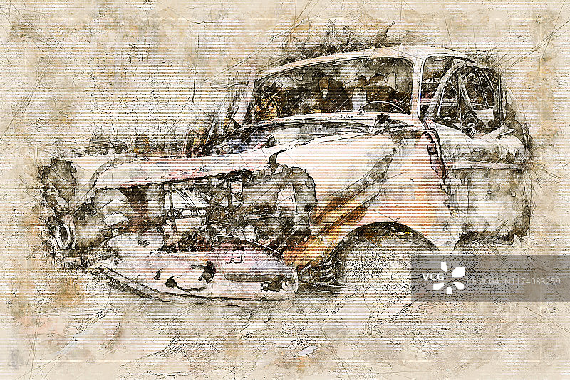 数码艺术素描的报废汽车图片素材