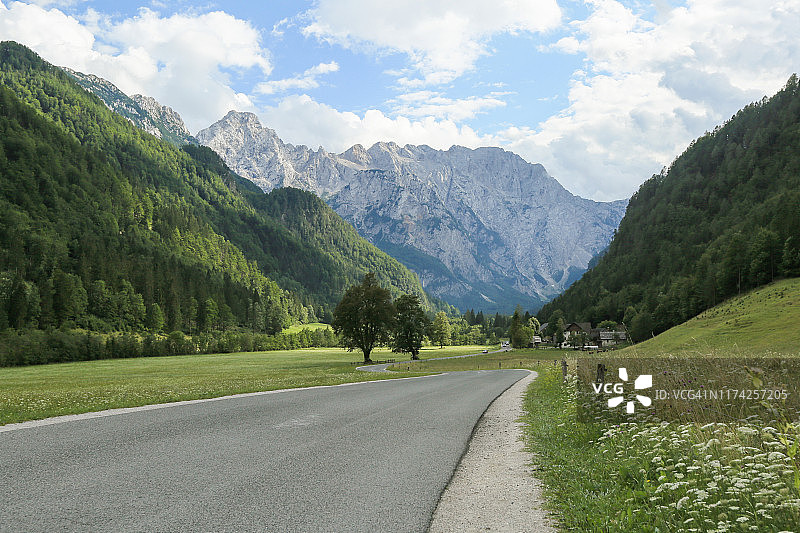 斯洛文尼亚阿尔卑斯山下的洛加尔山谷。图片素材