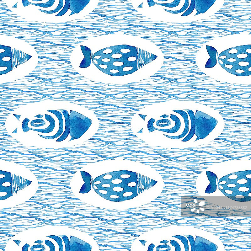 水彩无缝蓝鱼图案。海鲜水彩背景。鱼的背景图片素材