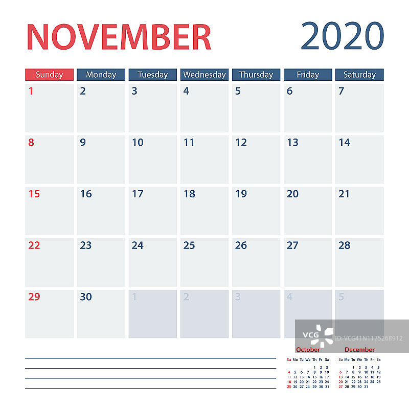 2020年11月日历规划师矢量模板。一周周日图片素材