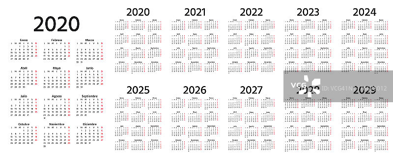 2020年西班牙日历。矢量插图。模板一年计划。图片素材