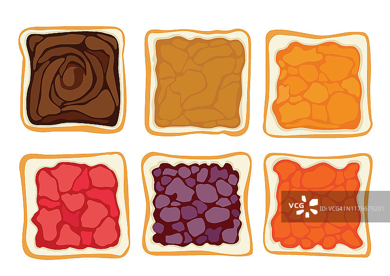 吐司配巧克力，黄油，花生和果酱。孤立在白色背景上的插图向量图片素材